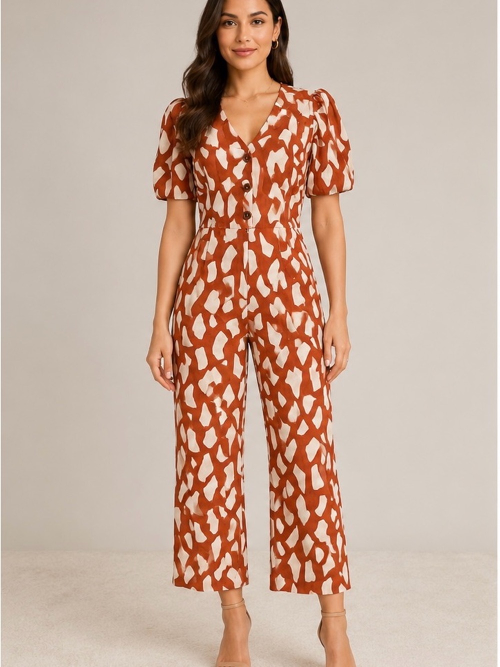 Button-Front Rust & Cream Printed Puff-Sleeve Jumpsuit